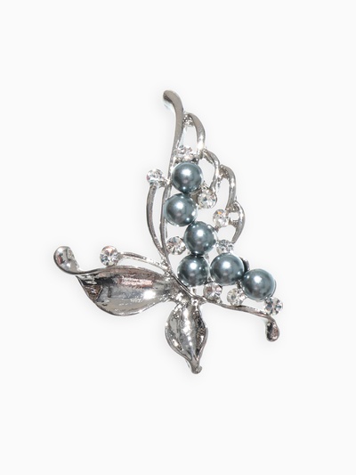 Брошь «Бабочка» с жемчужным крылом, цвет серый в серебре