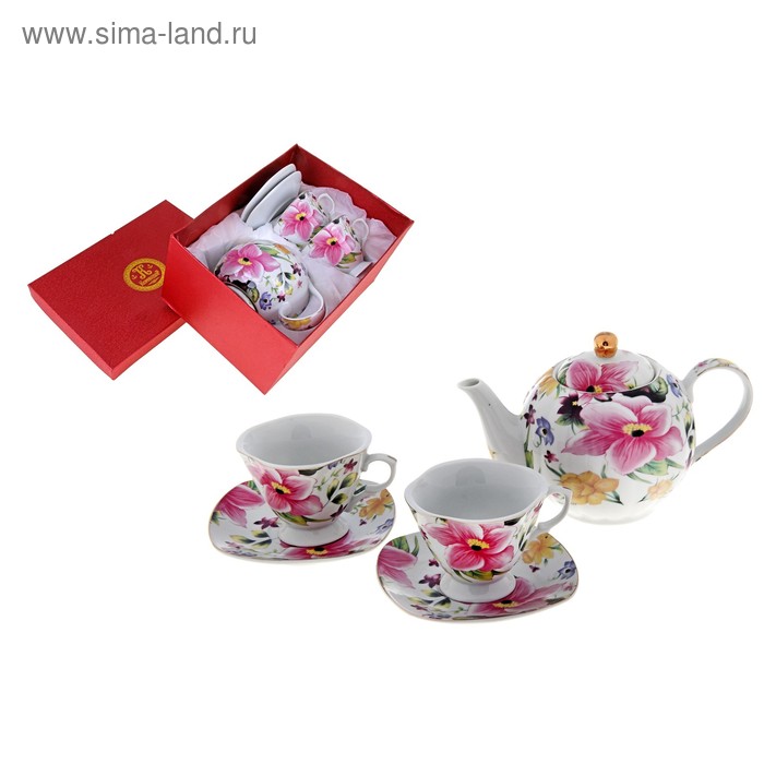 Сервиз чайный "Цветочный рай", 5 предметов: 2 чашки 220 мл, 2 блюдца, чайник 600 мл - Фото 1