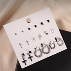 Серьги набор 9 пар «Крестики» кольца, цвет чёрный в серебре - фото 9707526