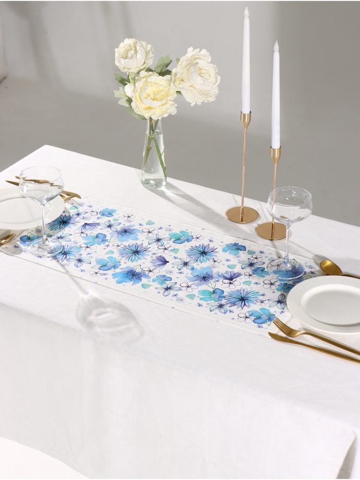Дорожка на стол Этель «Незабудки» 30×70 см, 100% хлопок, саржа 190 г/м², белая/голубая