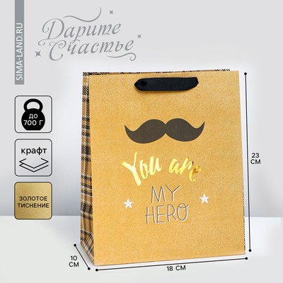 Пакет подарочный крафтовый вертикальный, упаковка, «You are my hero», MS 18 х 23 х 10 см