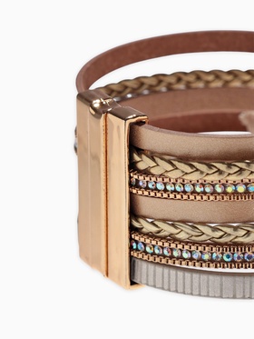 Браслет кожа «На магните» Гоби, бело-бежевый в золоте, 19.5 см