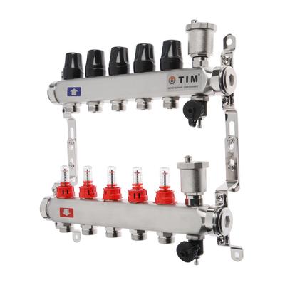 Коллекторная группа TIM KCS5005, 1" × 3/4", 5 выходов, расходомеры, без кранов, нерж. сталь