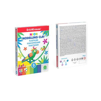 Пластилин 8 цветов, 144 г, ErichKrause Neon, неоновый + 2 белых, со стеком, улучшенная формула, в картонной упаковке