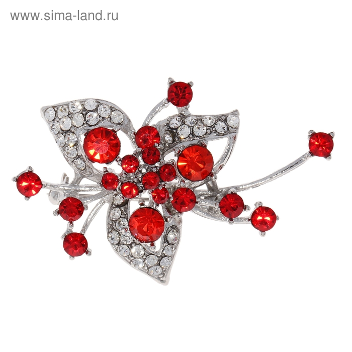 Брошь «Цветок» лилия цвет красно-белый в серебре - Фото 1
