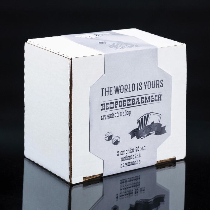 Набор "Непробиваемый", 2 стопки 60 мл с кубиком, зажигалка, подставка - фото 1908660100
