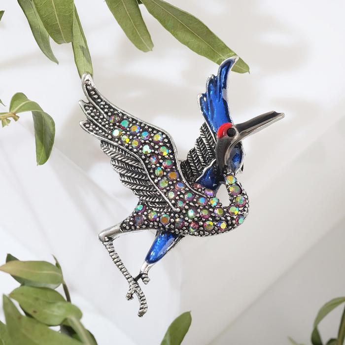 Брошь «Журавль», цвет сине-фиолетовый в чернёном серебре - Фото 1
