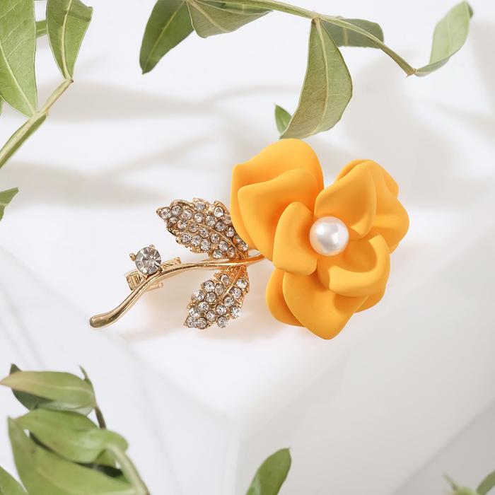 Брошь «Цветок» роза с бусиной, цвет оранжево-белый в золоте - Фото 1