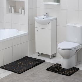 Набор ковриков для ванной и туалета Доляна «Мрамор», 2 шт: 40×50, 50×80 см, цвет чёрный