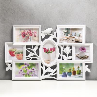 Фоторамка - коллаж на 7 фото 10×10 см, 10×15 см «Птица и шиповник», пластик, белый, 33.5×52 см