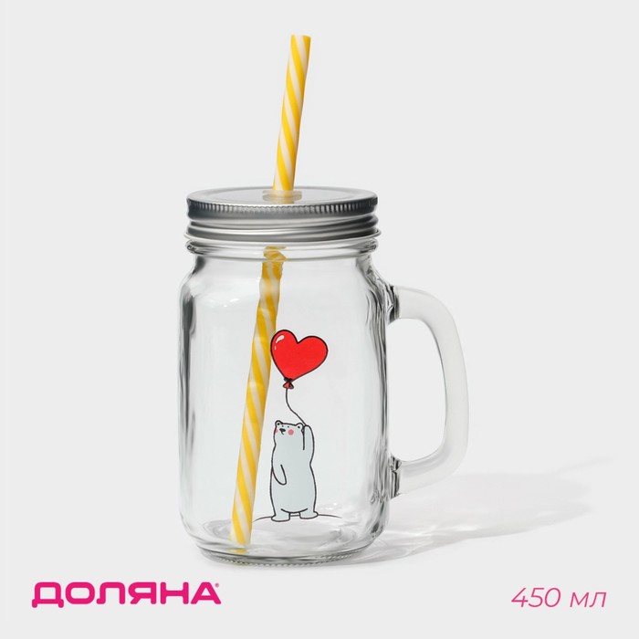 Кружка Доляна «Медведь», 450 мл, 10×7.5×13 см, с крышкой и трубочкой, стекло - Фото 1