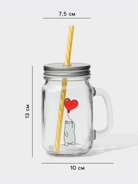 Кружка Доляна «Медведь», 450 мл, 10×7.5×13 см, с крышкой и трубочкой, стекло