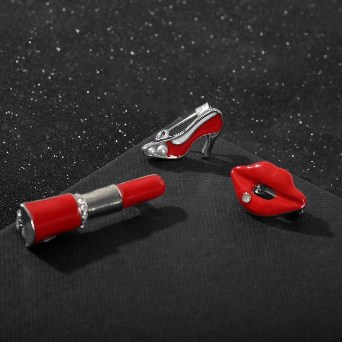 Брошь «Губы и помада», цвет красно-белый в серебре - Фото 1