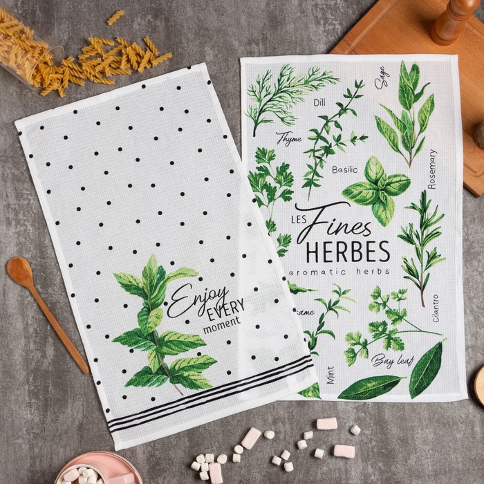 Набор кухонных полотенец «Доляна» Fines herbes, 2 шт., белые, 35×60 см - Фото 1