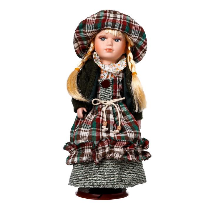 Кукла коллекционная керамика "Блондинка с косами, платье шотландская клетка" 30 см 49286