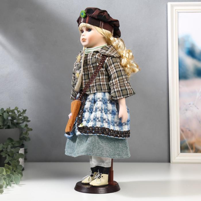 Кукла коллекционная керамика "Блондинка с кудрями, клетчатый зелёный пиджак" 40 см 49288