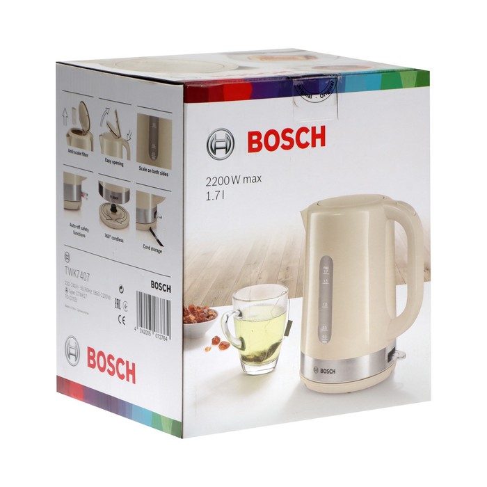 Чайник электрический Bosch TWK7407, пластик, 1.7 л, 2200 Вт, бежевый - фото 51334191