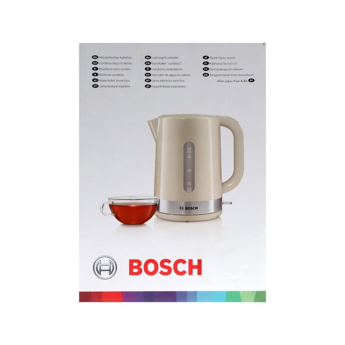 Чайник электрический Bosch TWK7407, пластик, 1.7 л, 2200 Вт, бежевый - фото 51334193