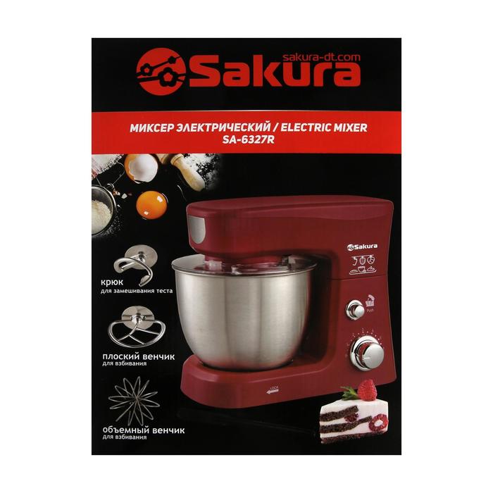 Миксер Sakura SA-6327R, планетарный, 1000 Вт, 3.5 л, 6 скоростей, 3 насадки, красный - фото 51334204