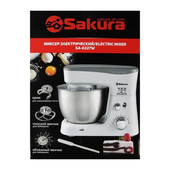 Миксер Sakura SA-6327W, планетарный, 1000 Вт, 3.5 л, 6 скоростей, 3 насадки, белый - фото 51334216