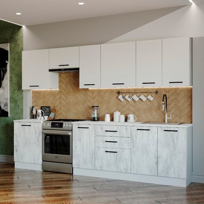 Кухня Бланка 3000х600 Белый/ Мрамор Марквина белый/ Жемчуг,Пайн