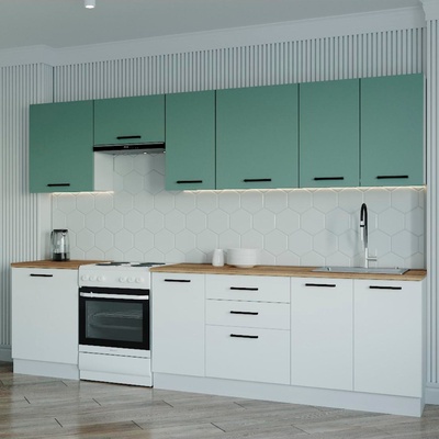 Кухня прямая «Муссон», со столешницей, 3000×600 мм, цвет белый/мрамор марквина белый/жемчуг/фисташка