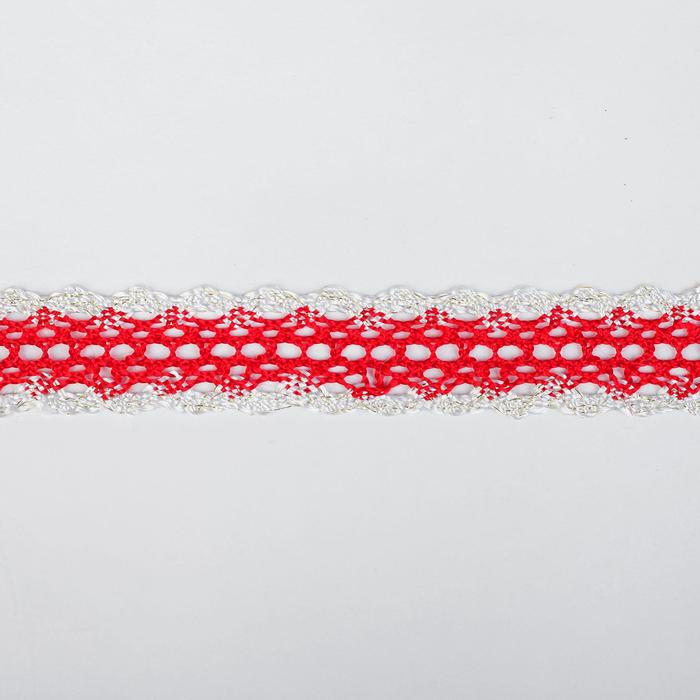Тесьма красно-белая с люрексом 3 см, в рулоне 10 метров - Фото 1