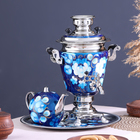 Набор «Жостово на синем», рюмка, 3 предмета, самовар 3 л, заварочный чайник 0,7 л, поднос - фото 9784835