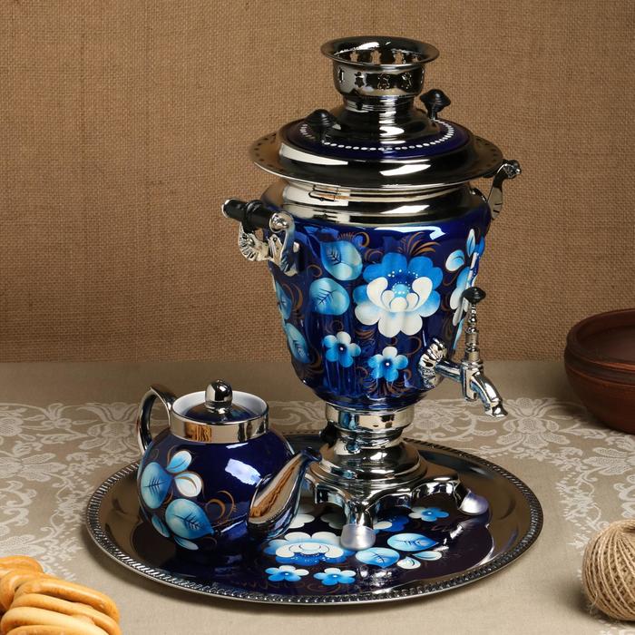 Набор «Жостово на синем», рюмка, 3 предмета, самовар 3 л, заварочный чайник 0,7 л, поднос - фото 1906779678
