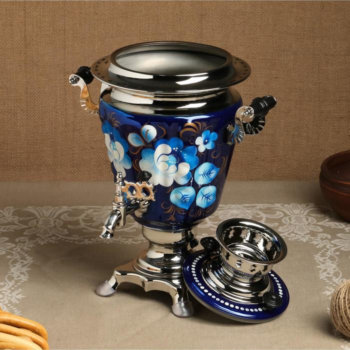Набор «Жостово на синем», рюмка, 3 предмета, самовар 3 л, заварочный чайник 0,7 л, поднос - фото 1906779680