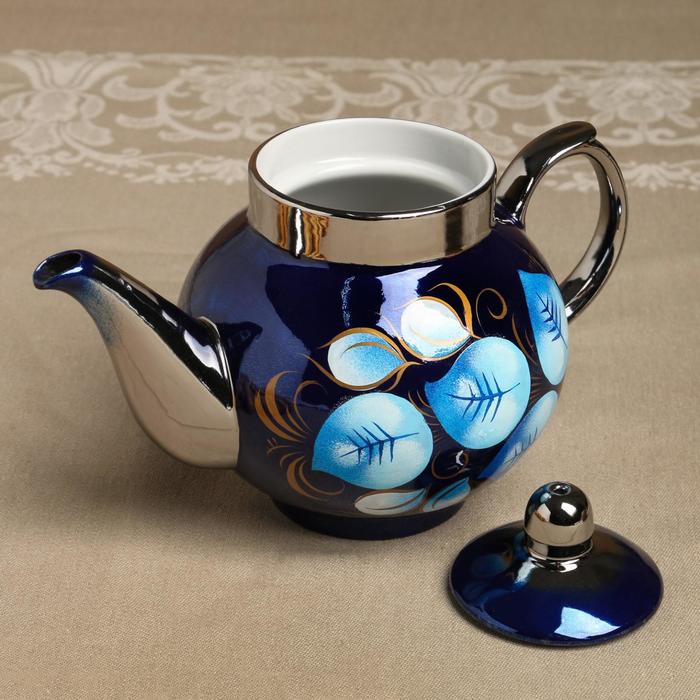 Набор «Жостово на синем», рюмка, 3 предмета, самовар 3 л, заварочный чайник 0,7 л, поднос - фото 1906779683