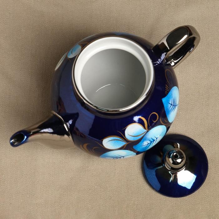 Набор «Жостово на синем», рюмка, 3 предмета, самовар 3 л, заварочный чайник 0,7 л, поднос - фото 1886161311