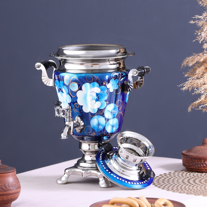 Набор «Жостово на синем», рюмка, 3 предмета, самовар 3 л, заварочный чайник 0,7 л, поднос - фото 1886161297