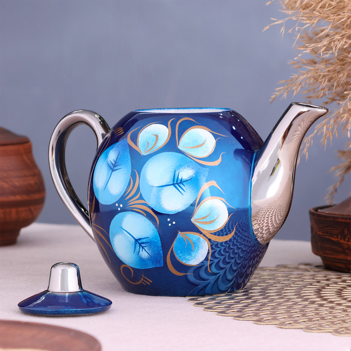 Набор «Жостово на синем», рюмка, 3 предмета, самовар 3 л, заварочный чайник 0,7 л, поднос - фото 1906779675