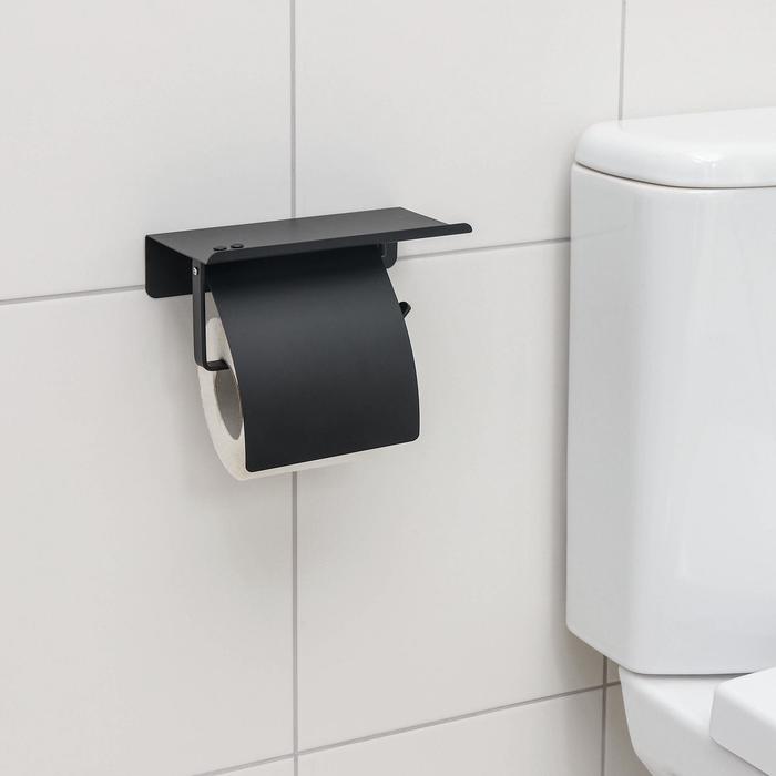 Держатель для туалетной бумаги с полочкой, 18×10,3×14 см, цвет чёрный - фото 1901359501
