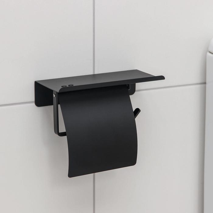 Держатель для туалетной бумаги с полочкой, 18×10,3×14 см, цвет чёрный - фото 1901359502
