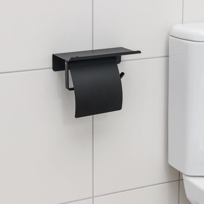 Держатель для туалетной бумаги с полочкой, 18×10,3×14 см, цвет чёрный - фото 1901359503
