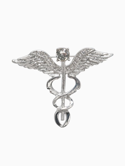 Брошь «Кадуцей» со стразиной, цвет белый в серебре