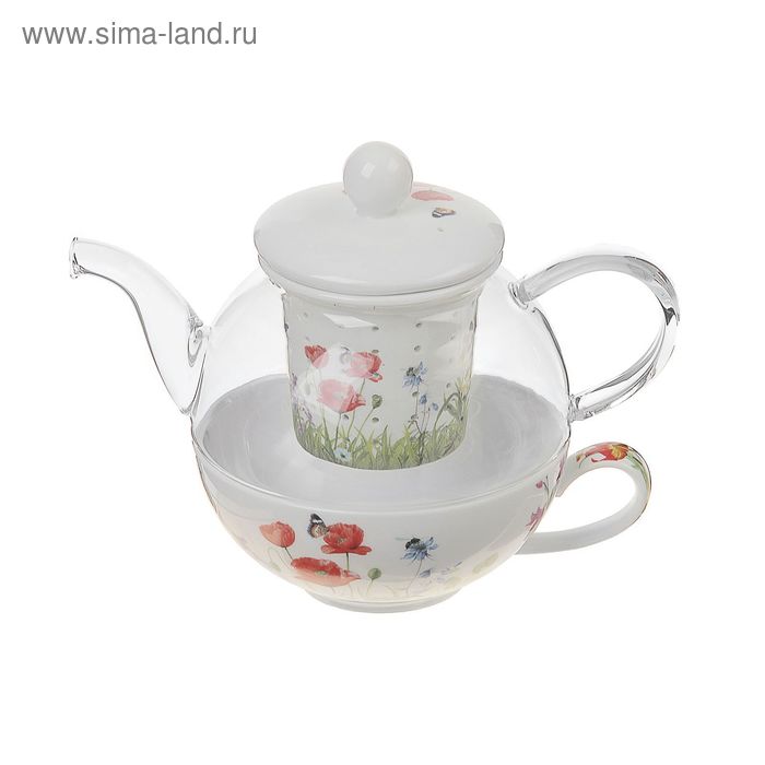 Набор чайный «Маки», 2 предмета: чайник 600 мл с керамическим ситом, чашка 250 мл - Фото 1