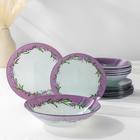 Набор тарелок стеклянных Доляна «Веточка лаванды», 19 предметов: 6 десертных тарелок, 6 обеденных тарелок, 6 мисок, салатник - Фото 1