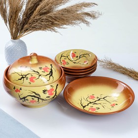 Набор посуды "Деревенский" 6 предметов: супница, блюдо, 4 миски, с росписью, сакура