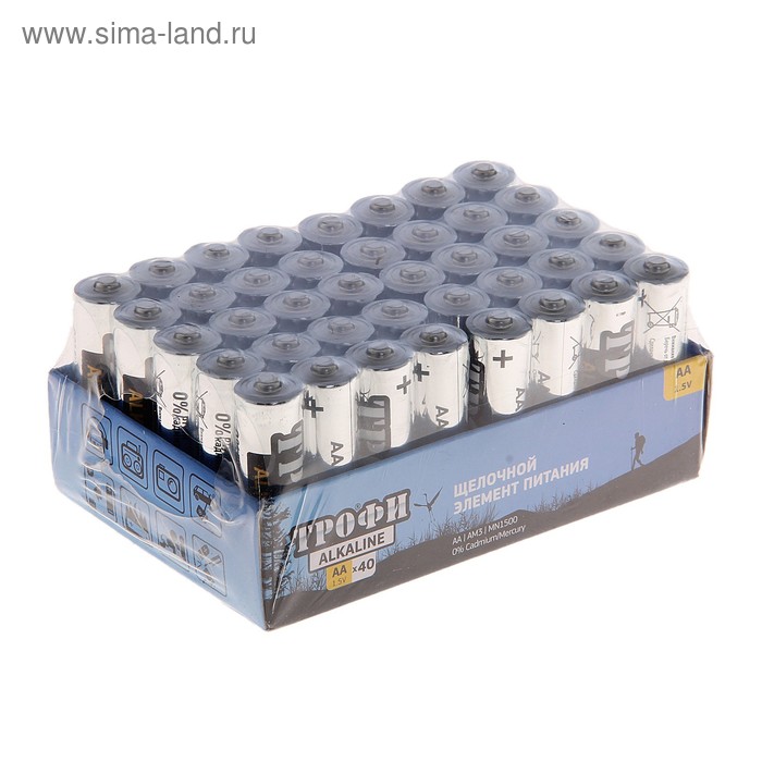 Батарейка алкалиновая "Трофи", AA, LR6-40BOX, 1.5В, бокс, 40 шт. - Фото 1