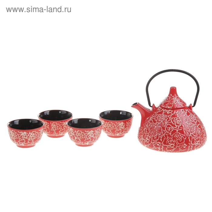 Набор для чайной церемонии 5 предметов "Рисунок на красном" (чайник 800 мл, чашка 70 мл) - Фото 1