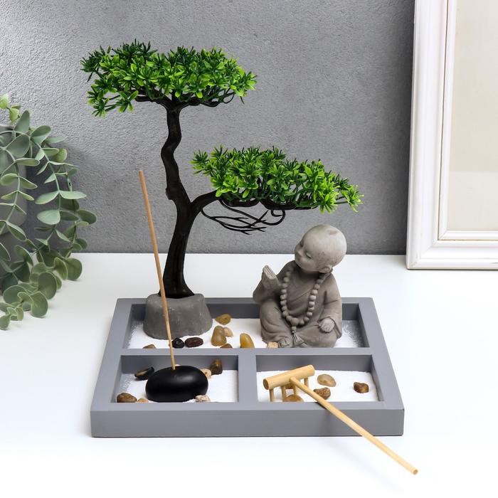 Японский сад камней настольный «Дзен. Маленький Будда у дерева в саду», с набором аксессуаров, 22.5×20×19.8 см - Фото 1