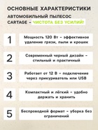 Пылесос автомобильный CARTAGE, беспроводной, 3 насадки, 120 Вт, 12 В, черный 5377454 - фото 15753259