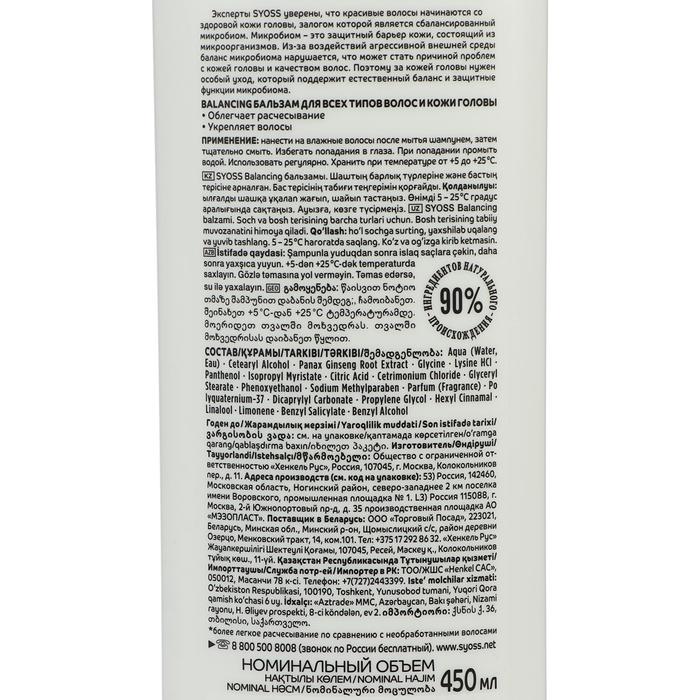 Бальзам для волос SYOSS BALANCING, всех типов, 450 мл 21875