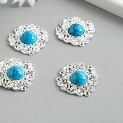 Коннектор для творчества металл 6 ушек "Королевский узор с камнем" серебро МИКС 3,2х3 см