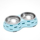 Миска металлическая двойная на пластиковом основании 2 х 160 мл, 25 х 14 х 5 см, голубая - Фото 2
