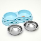 Миска металлическая двойная на пластиковом основании 2 х 160 мл, 25 х 14 х 5 см, голубая - Фото 4