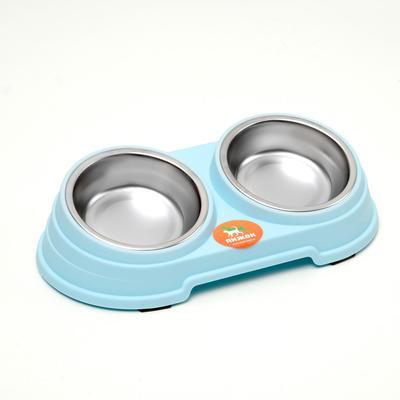 Миска металлическая двойная наклонная на пластиковом основании, 28,5 х 15 х 7 см, голубая